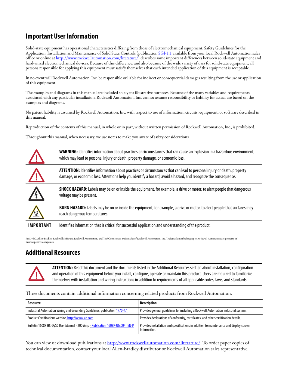 Important user information, Additional resources | Rockwell Automation 1608P HC-DySC Installation Instructions, 200 A User Manual | Page 2 / 22
