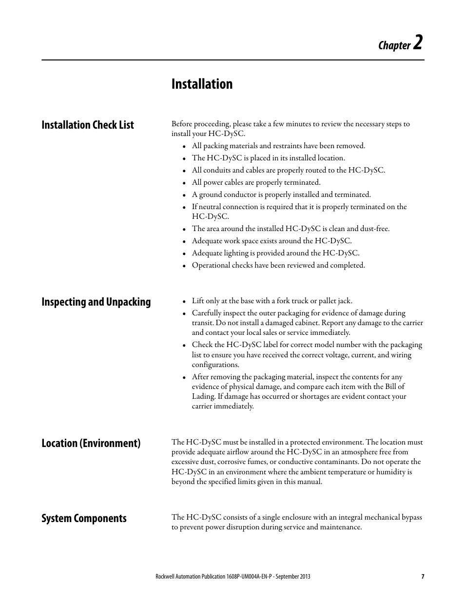 Chapter 2, Installation, Installation check list | Inspecting and unpacking, Location (environment), System components, Chapter | Rockwell Automation 1608P HC-DySC Installation Instructions, 200 A User Manual | Page 7 / 22