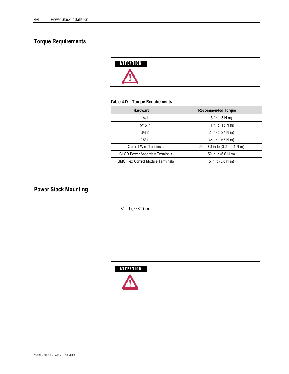 Torque requirements, Power stack mounting | Rockwell Automation MV SMC Flex OEM Components User Manual | Page 20 / 61