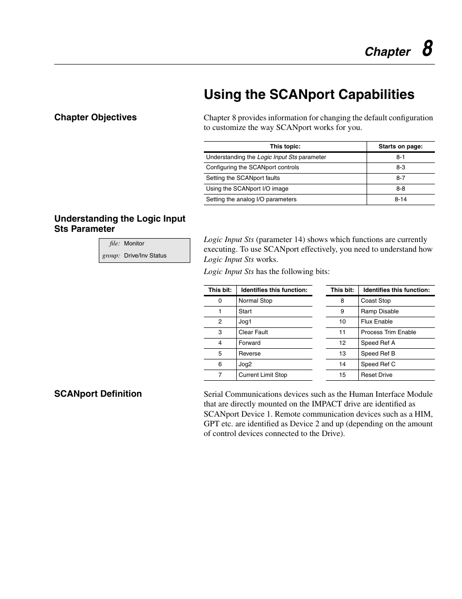 Chapter 8, Using the scanport capabilities, Chapter objectives | Understanding the logic input sts parameter, Scanport definition, Chapter | Rockwell Automation 1336E IMPACT Adjustable Frequency AC Drive User Manual V 1-4.XX User Manual | Page 125 / 419