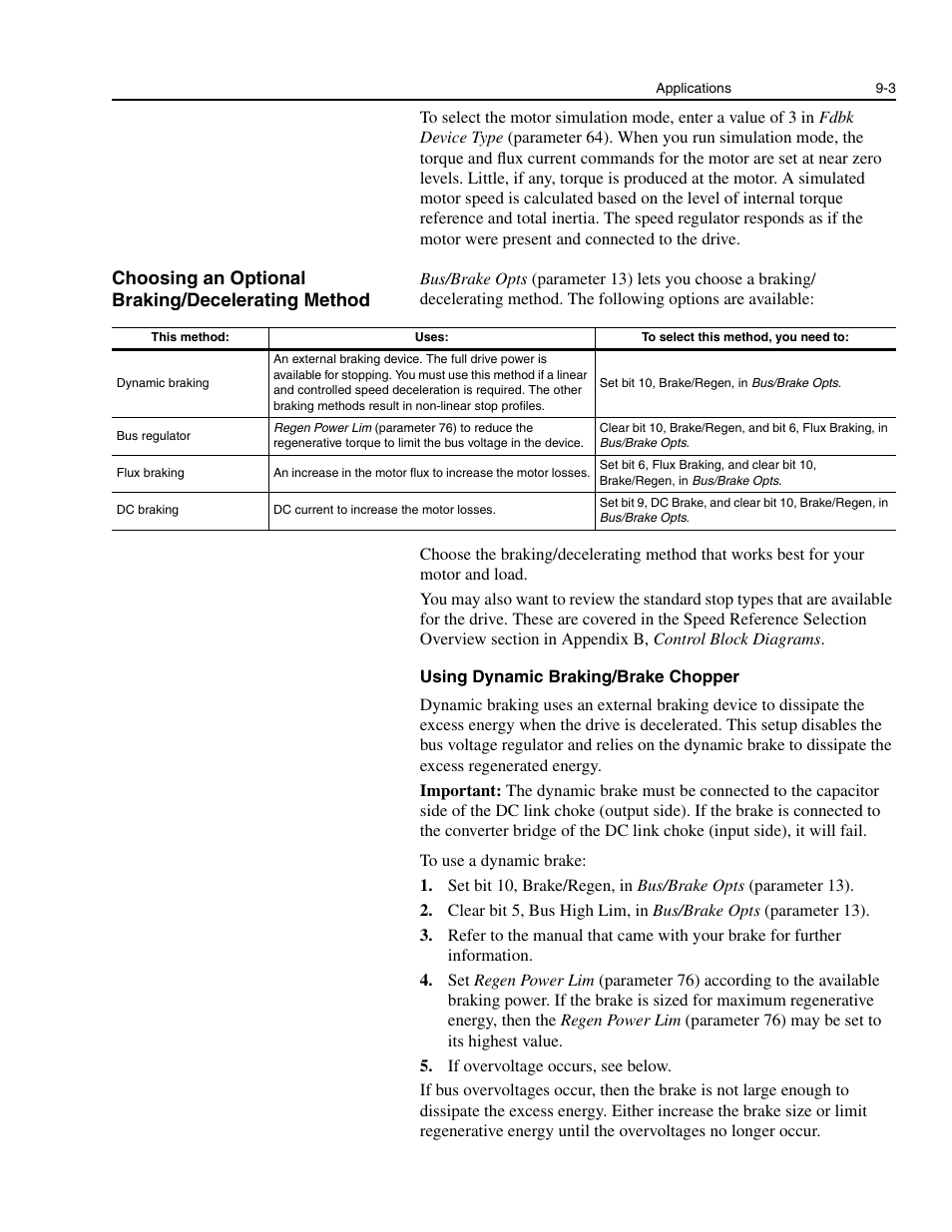 Choosing an optional braking/decelerating method | Rockwell Automation 1336E IMPACT Adjustable Frequency AC Drive User Manual V 1-4.XX User Manual | Page 143 / 419