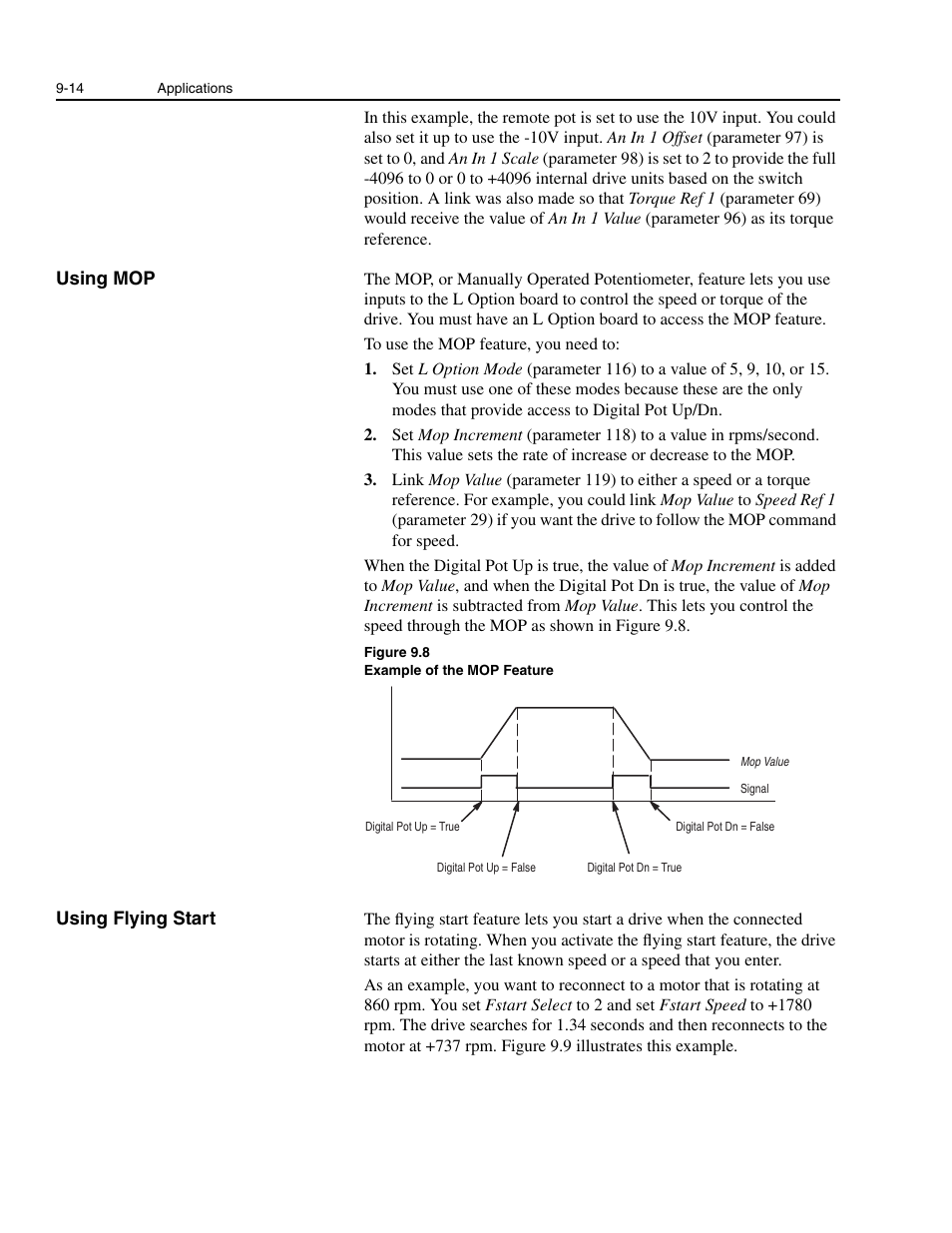Using mop, Using flying start, Using mop -14 using flying start -14 | Rockwell Automation 1336E IMPACT Adjustable Frequency AC Drive User Manual V 1-4.XX User Manual | Page 154 / 419