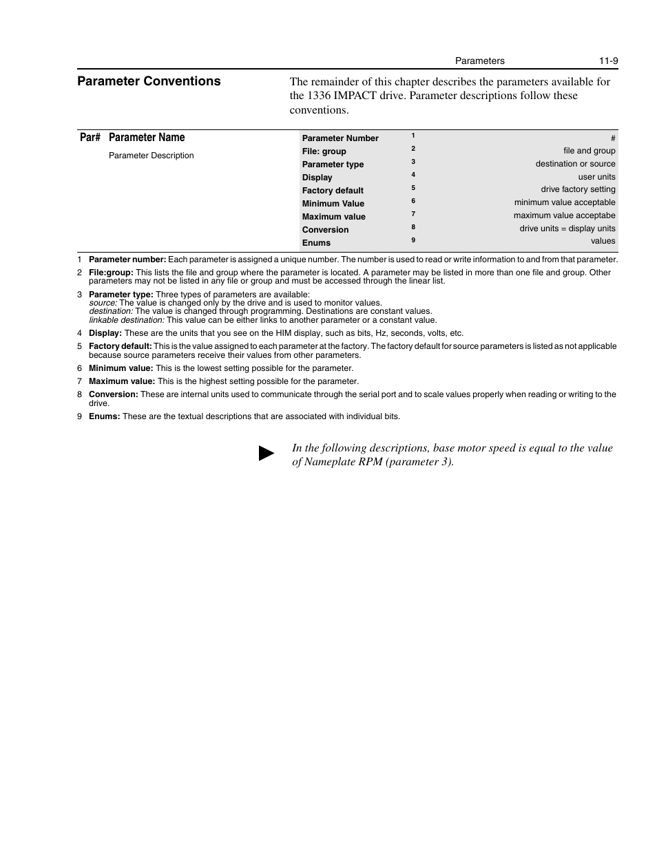 Parameter conventions, Parameter conventions -9 | Rockwell Automation 1336E IMPACT Adjustable Frequency AC Drive User Manual V 1-4.XX User Manual | Page 207 / 419