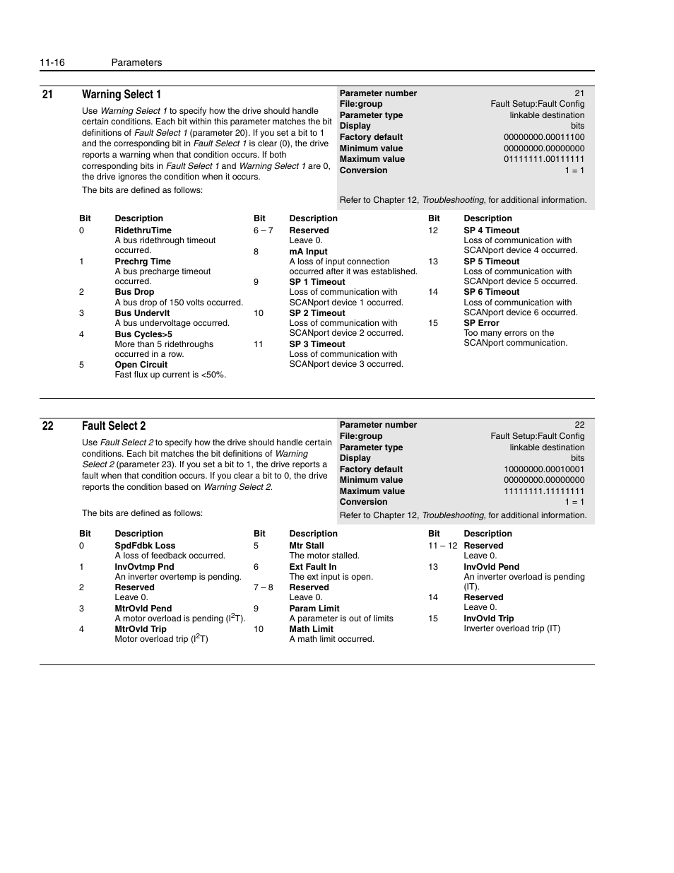 21 warning select 1, 22 fault select 2 | Rockwell Automation 1336E IMPACT Adjustable Frequency AC Drive User Manual V 1-4.XX User Manual | Page 214 / 419