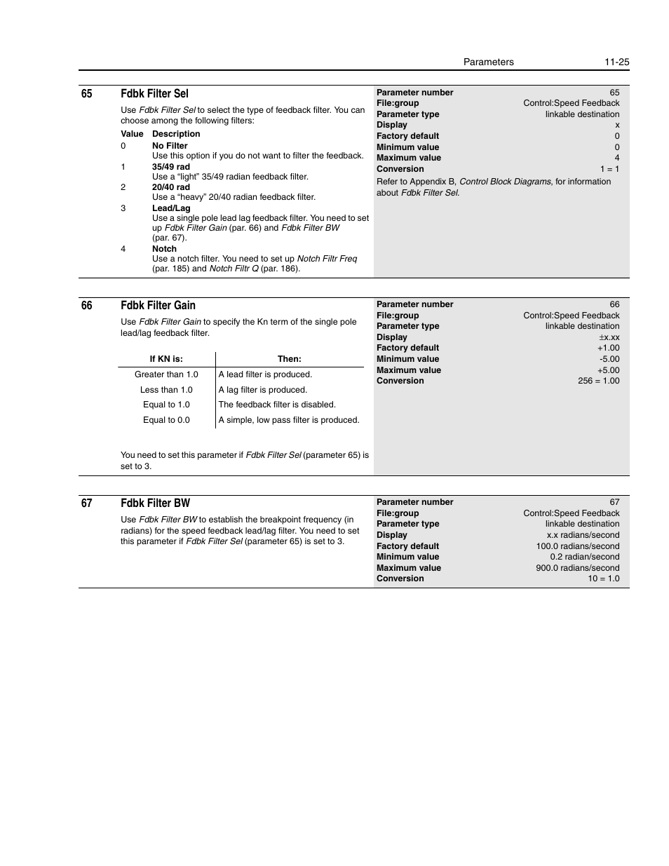 65 fdbk filter sel, 66 fdbk filter gain, 67 fdbk filter bw | Rockwell Automation 1336E IMPACT Adjustable Frequency AC Drive User Manual V 1-4.XX User Manual | Page 223 / 419