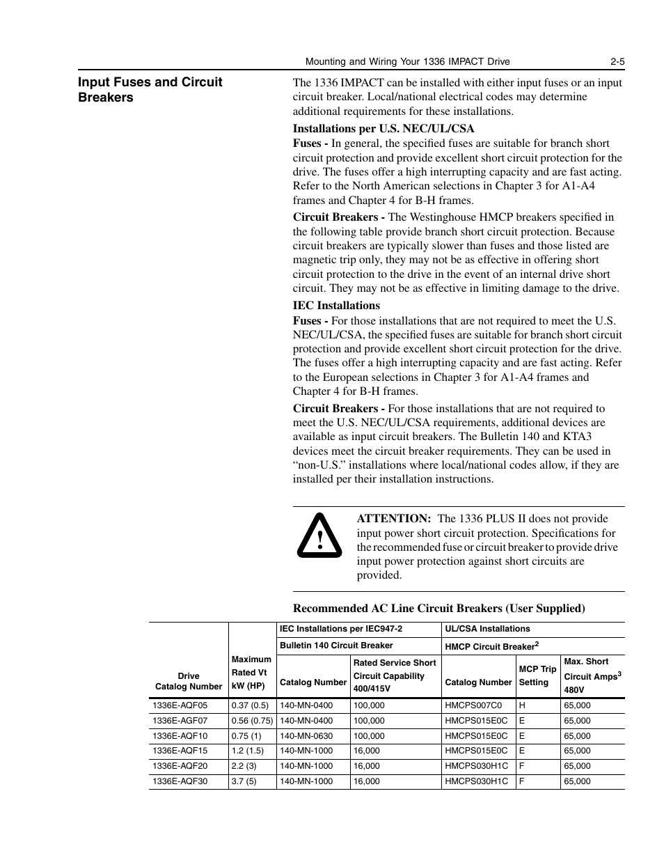 Input fuses and circuit breakers, Input fuses and circuit breakers -5 | Rockwell Automation 1336E IMPACT Adjustable Frequency AC Drive User Manual V 1-4.XX User Manual | Page 23 / 419