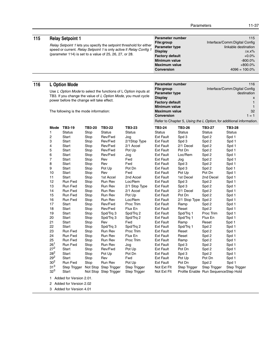 115 relay setpoint 1, 116 l option mode | Rockwell Automation 1336E IMPACT Adjustable Frequency AC Drive User Manual V 1-4.XX User Manual | Page 235 / 419