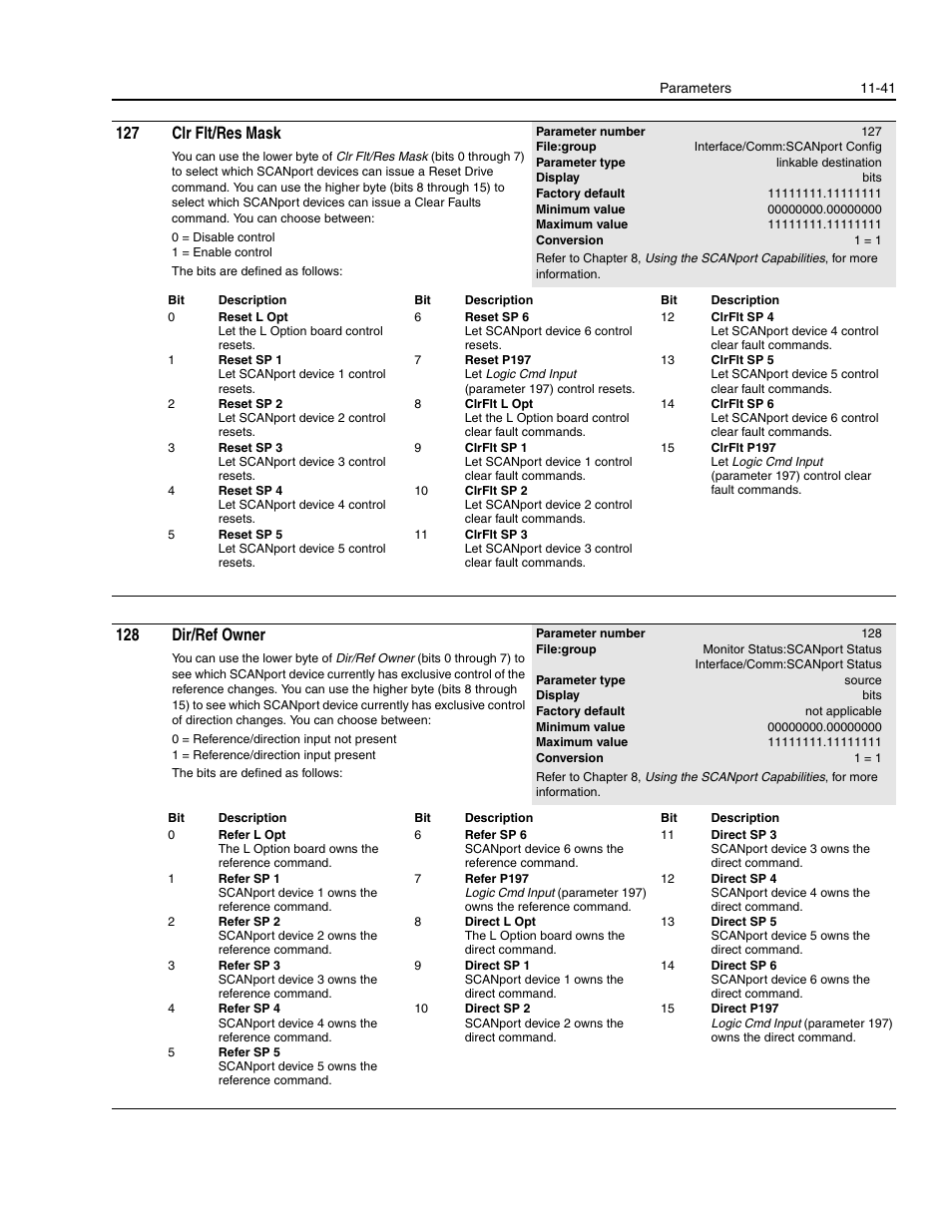 127 clr flt/res mask, 128 dir/ref owner | Rockwell Automation 1336E IMPACT Adjustable Frequency AC Drive User Manual V 1-4.XX User Manual | Page 239 / 419