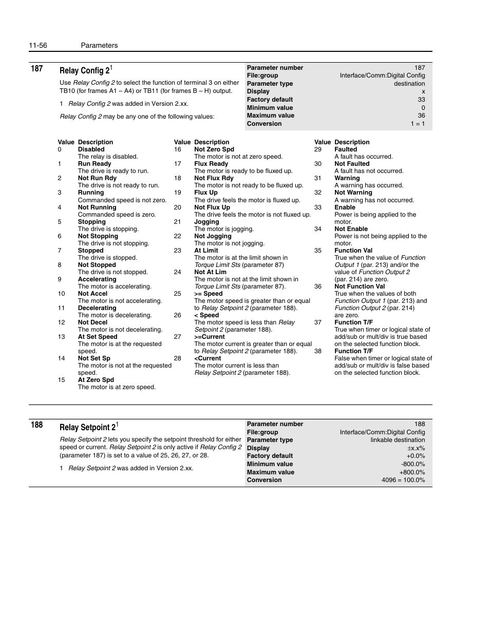 187 relay config 2, 188 relay setpoint 2 | Rockwell Automation 1336E IMPACT Adjustable Frequency AC Drive User Manual V 1-4.XX User Manual | Page 254 / 419