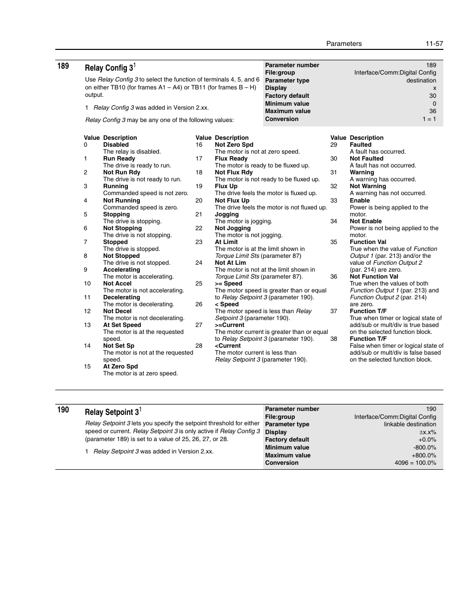 189 relay config 3, 190 relay setpoint 3 | Rockwell Automation 1336E IMPACT Adjustable Frequency AC Drive User Manual V 1-4.XX User Manual | Page 255 / 419