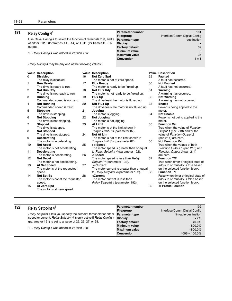 191 relay config 4, 192 relay setpoint 4 | Rockwell Automation 1336E IMPACT Adjustable Frequency AC Drive User Manual V 1-4.XX User Manual | Page 256 / 419