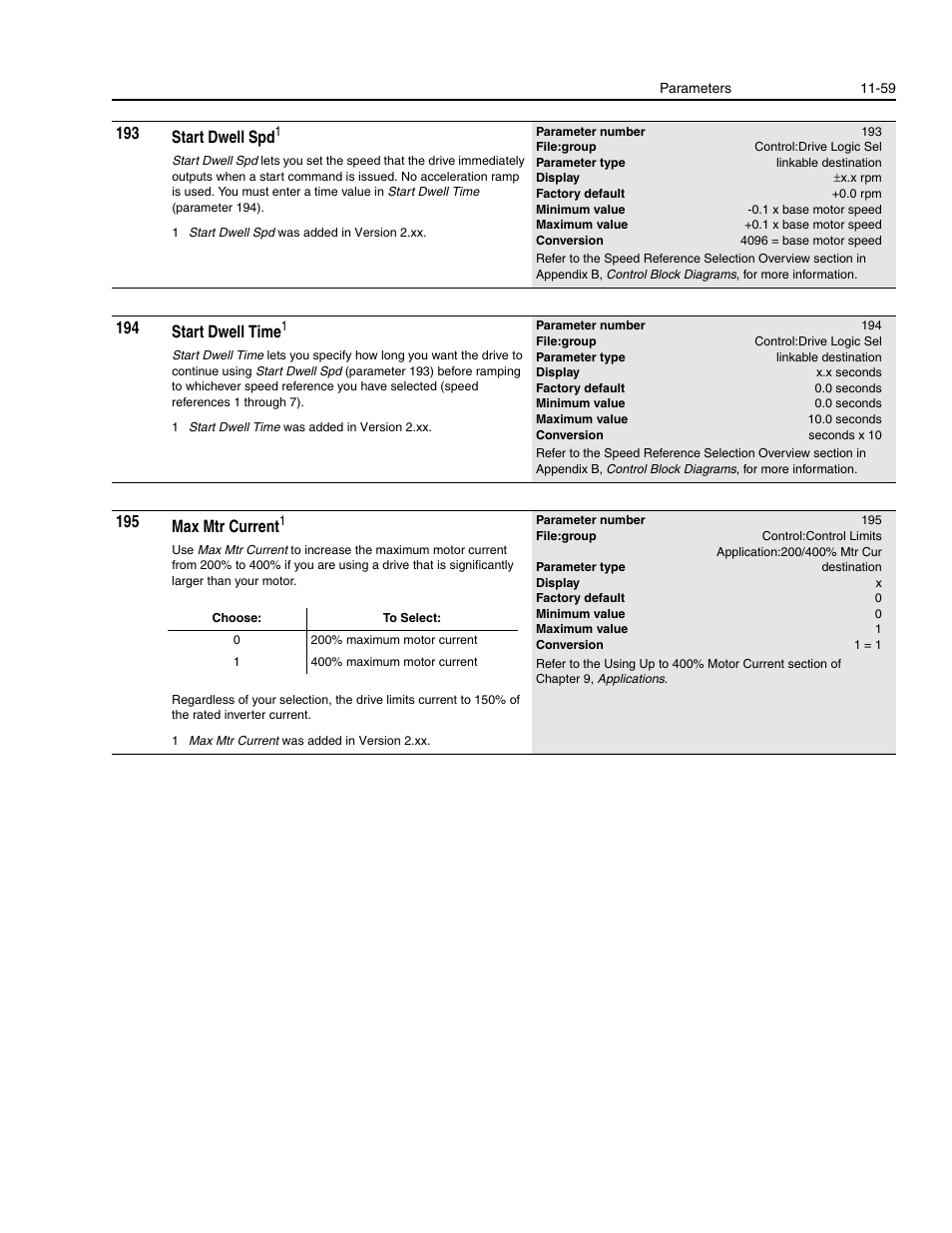 193 start dwell spd, 194 start dwell time, 195 max mtr current | Rockwell Automation 1336E IMPACT Adjustable Frequency AC Drive User Manual V 1-4.XX User Manual | Page 257 / 419