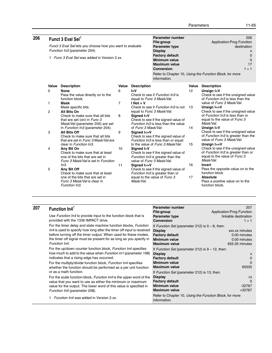 206 funct 3 eval sel, 207 function in4 | Rockwell Automation 1336E IMPACT Adjustable Frequency AC Drive User Manual V 1-4.XX User Manual | Page 263 / 419