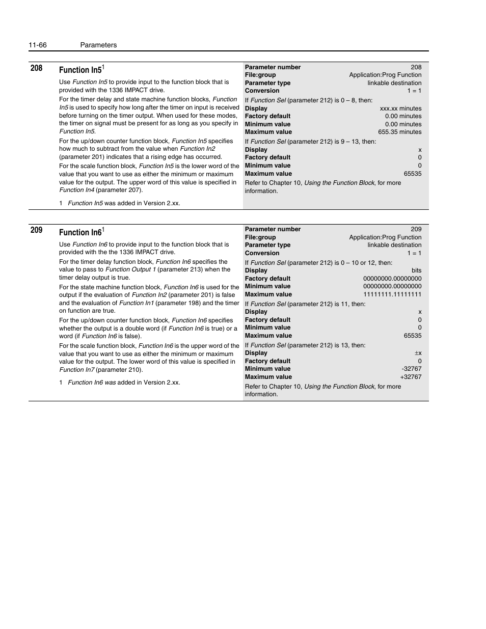 208 function in5, 209 function in6 | Rockwell Automation 1336E IMPACT Adjustable Frequency AC Drive User Manual V 1-4.XX User Manual | Page 264 / 419