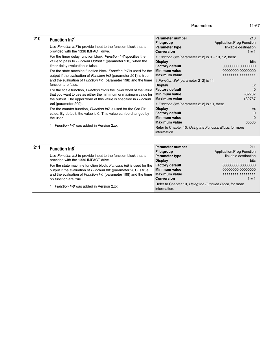 210 function in7, 211 function in8 | Rockwell Automation 1336E IMPACT Adjustable Frequency AC Drive User Manual V 1-4.XX User Manual | Page 265 / 419