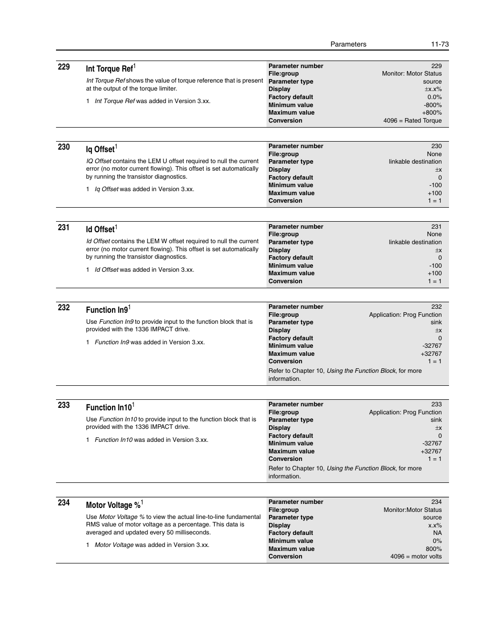 229 int torque ref, 230 iq offset, 231 id offset | 232 function in9, 234 motor voltage | Rockwell Automation 1336E IMPACT Adjustable Frequency AC Drive User Manual V 1-4.XX User Manual | Page 271 / 419