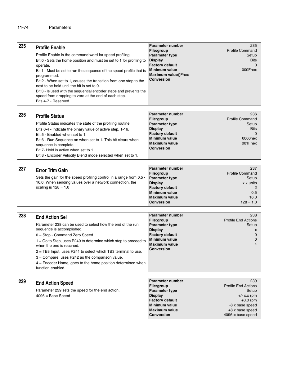 235 profile enable, 236 profile status, 237 error trim gain | 238 end action sel, 239 end action speed | Rockwell Automation 1336E IMPACT Adjustable Frequency AC Drive User Manual V 1-4.XX User Manual | Page 272 / 419