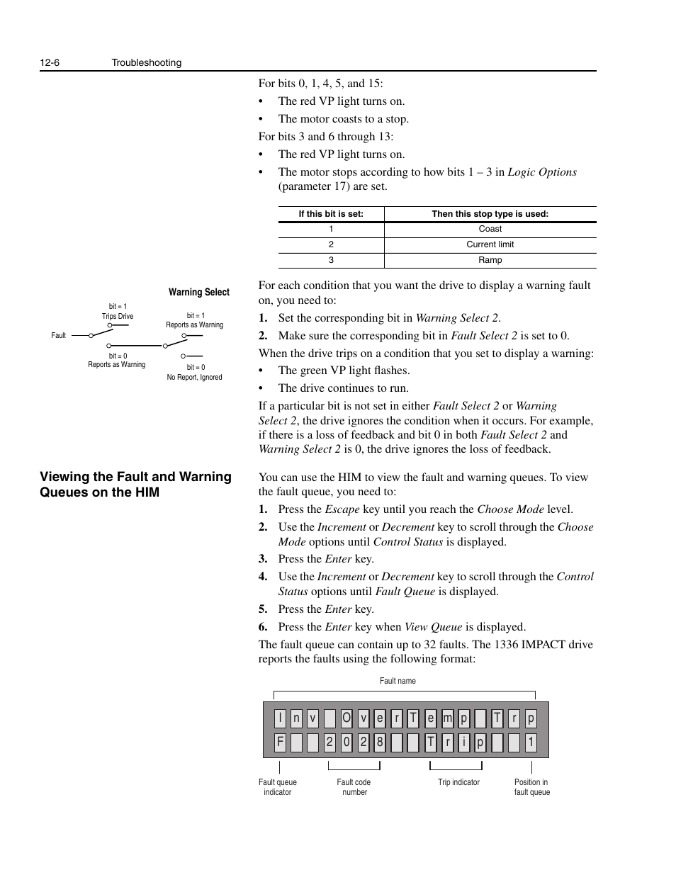 Viewing the fault and warning queues on the him, Viewing the fault and warning queues on the him -6 | Rockwell Automation 1336E IMPACT Adjustable Frequency AC Drive User Manual V 1-4.XX User Manual | Page 288 / 419