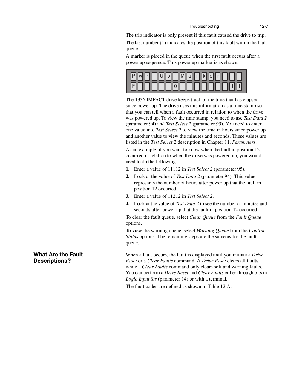 What are the fault descriptions, What are the fault descriptions? -7 | Rockwell Automation 1336E IMPACT Adjustable Frequency AC Drive User Manual V 1-4.XX User Manual | Page 289 / 419