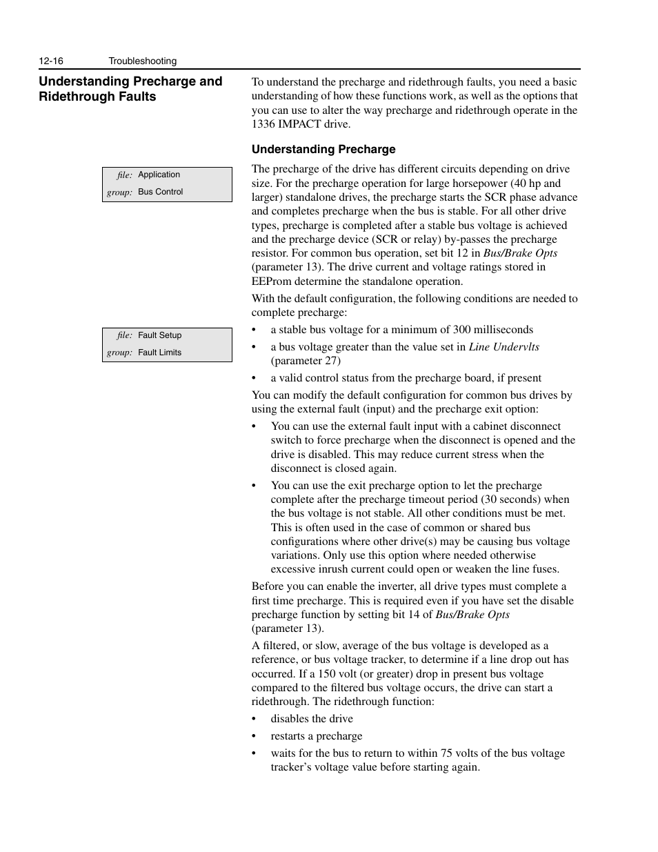 Understanding precharge and ridethrough faults, Understanding precharge and ridethrough faults -16 | Rockwell Automation 1336E IMPACT Adjustable Frequency AC Drive User Manual V 1-4.XX User Manual | Page 298 / 419