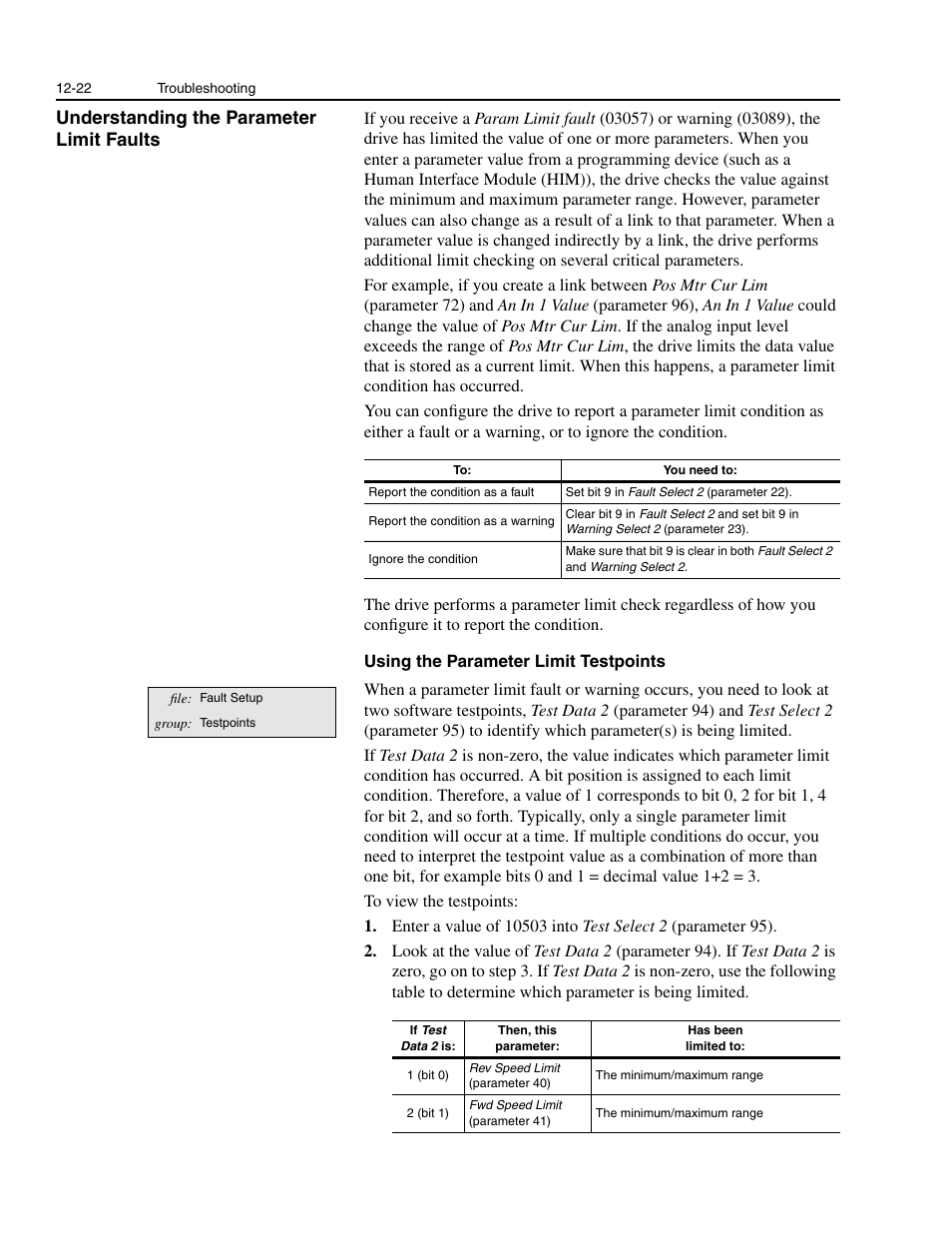 Understanding the parameter limit faults, Understanding the parameter limit faults -22 | Rockwell Automation 1336E IMPACT Adjustable Frequency AC Drive User Manual V 1-4.XX User Manual | Page 304 / 419