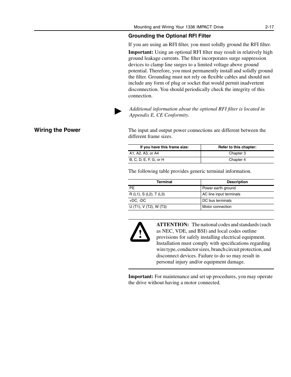 Wiring the power, Wiring the power -17 | Rockwell Automation 1336E IMPACT Adjustable Frequency AC Drive User Manual V 1-4.XX User Manual | Page 35 / 419