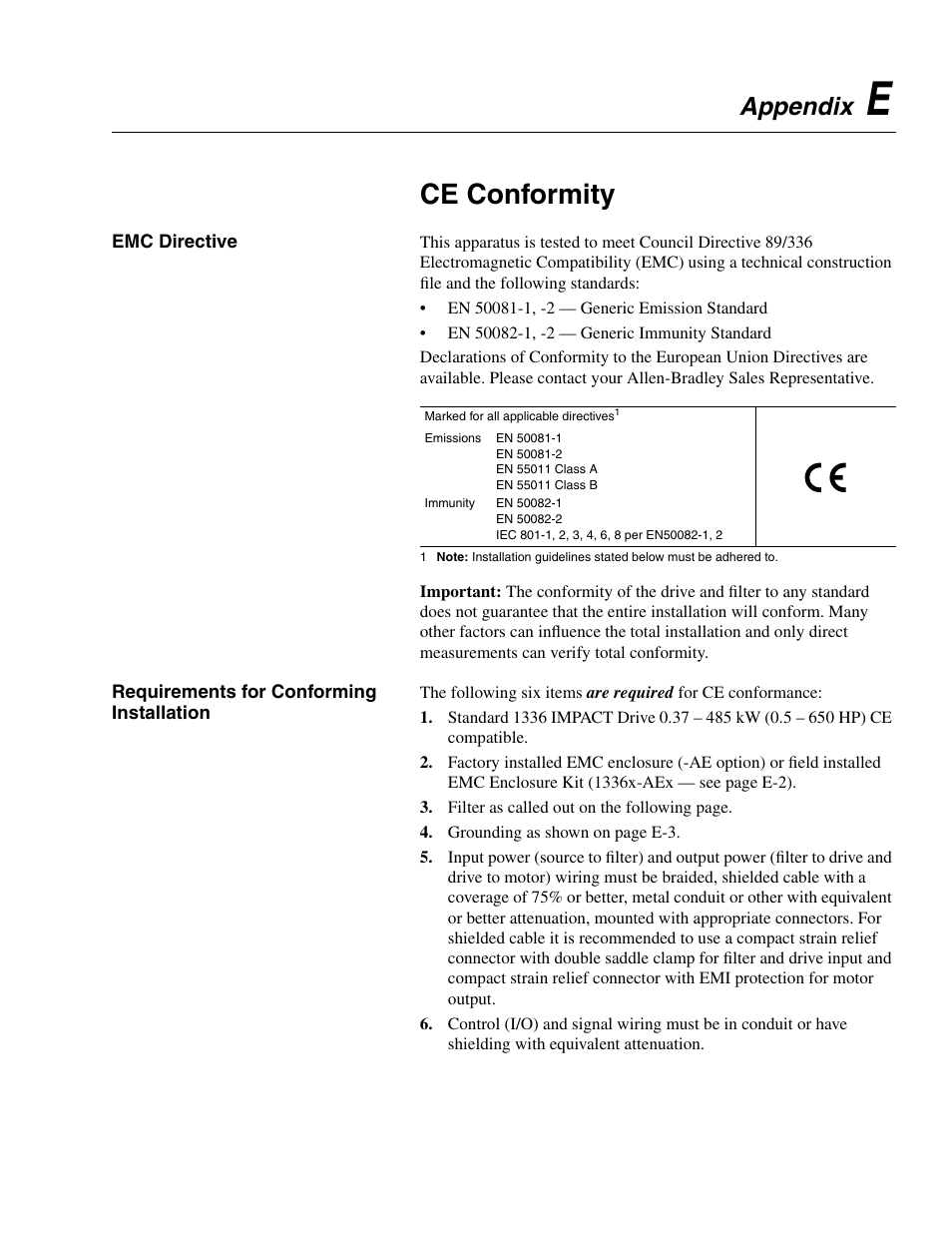 Appendix e, Ce conformity, Emc directive | Requirements for conforming installation, Appendix | Rockwell Automation 1336E IMPACT Adjustable Frequency AC Drive User Manual V 1-4.XX User Manual | Page 399 / 419