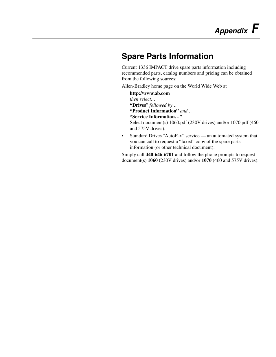 Appendix f, Spare parts information | Rockwell Automation 1336E IMPACT Adjustable Frequency AC Drive User Manual V 1-4.XX User Manual | Page 407 / 419