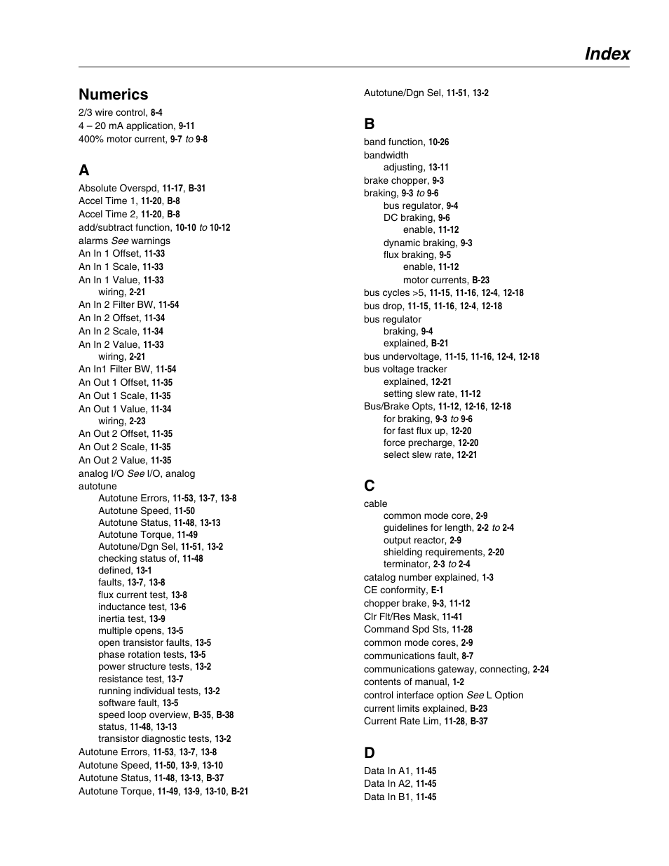 Numerics, Index | Rockwell Automation 1336E IMPACT Adjustable Frequency AC Drive User Manual V 1-4.XX User Manual | Page 409 / 419