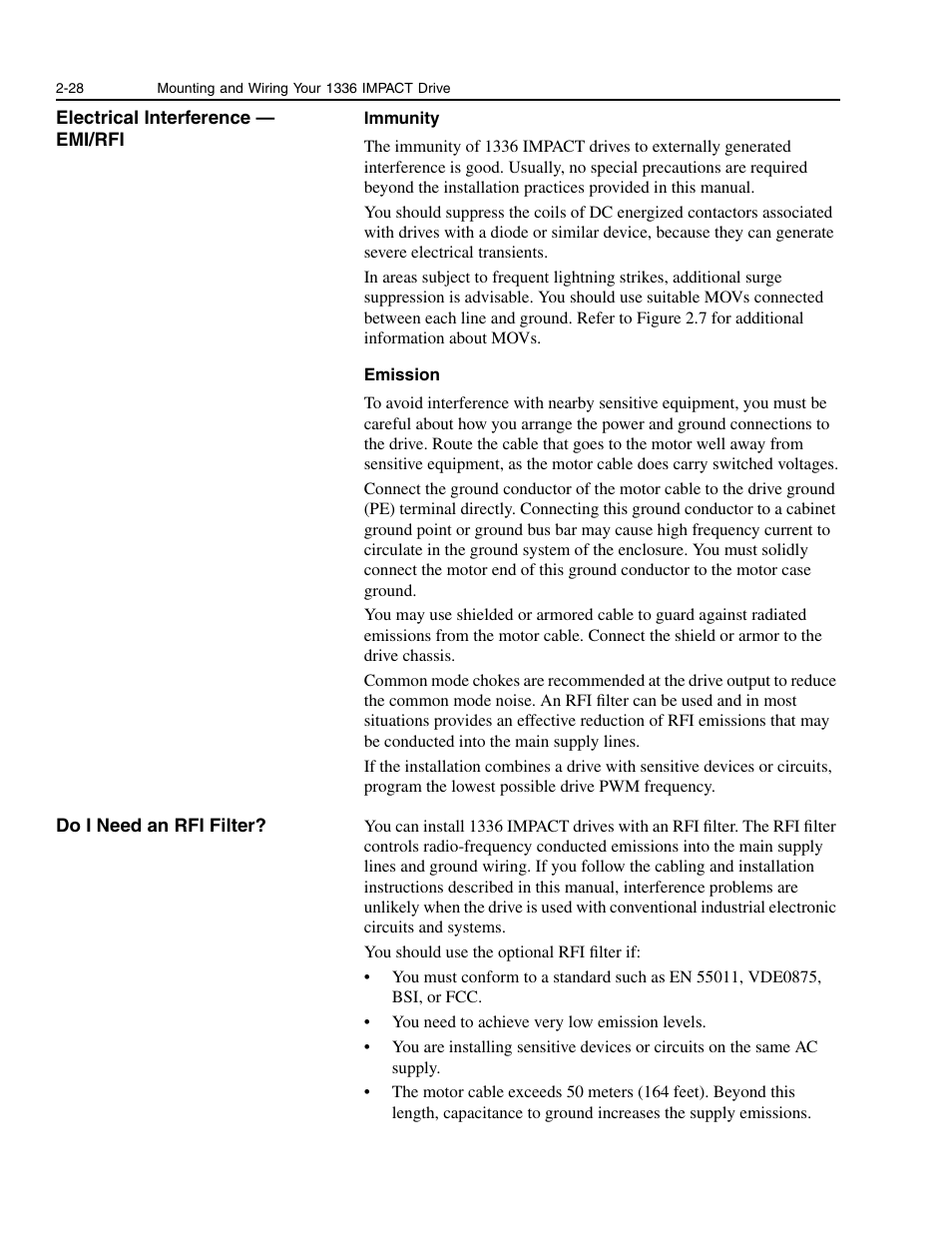 Electrical interference— emi/rfi, Do i need an rfi filter, Electrical interference — emi/rfi | Do i need an rfi filter? -28 | Rockwell Automation 1336E IMPACT Adjustable Frequency AC Drive User Manual V 1-4.XX User Manual | Page 46 / 419