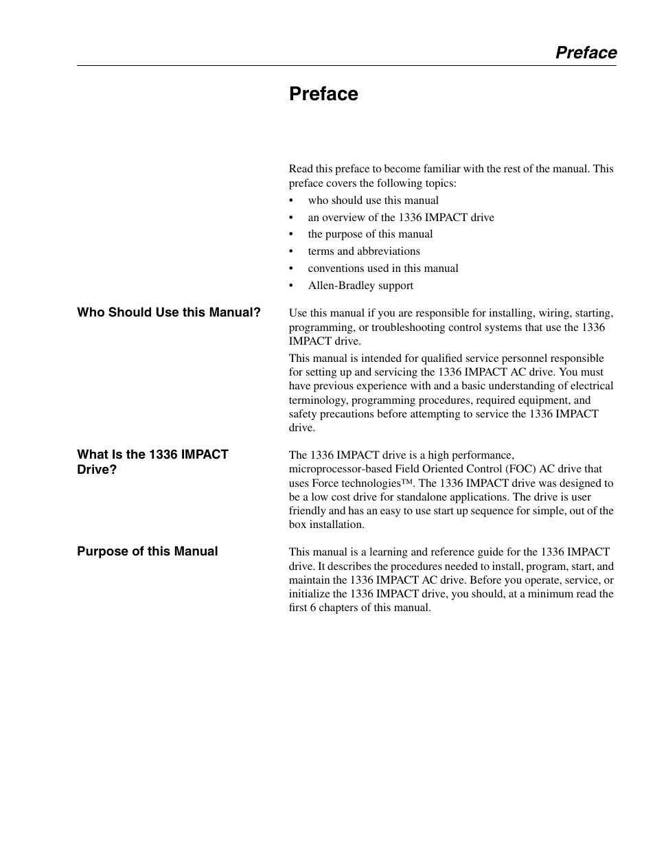 Who should use this manual, What is the 1336 impact drive, Purpose of this manual | Preface | Rockwell Automation 1336E IMPACT Adjustable Frequency AC Drive User Manual V 1-4.XX User Manual | Page 7 / 419