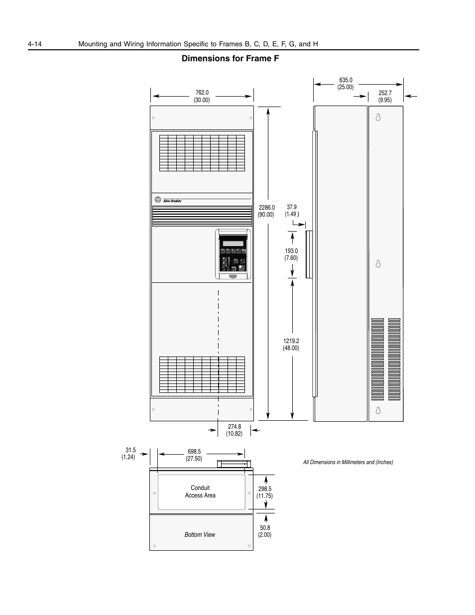 Dimensions for frame f | Rockwell Automation 1336E IMPACT Adjustable Frequency AC Drive User Manual V 1-4.XX User Manual | Page 72 / 419