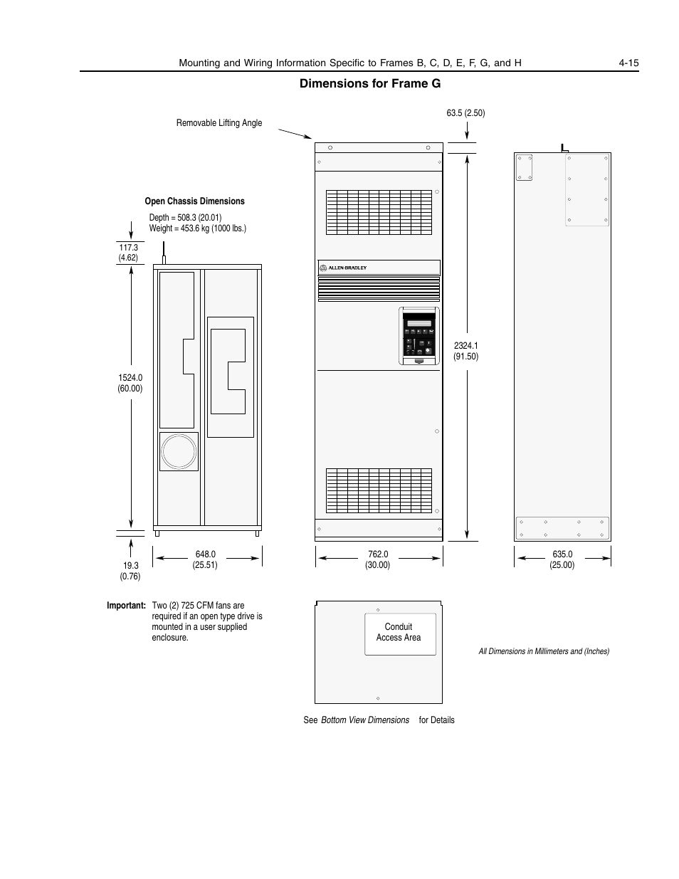 Dimensions for frame g | Rockwell Automation 1336E IMPACT Adjustable Frequency AC Drive User Manual V 1-4.XX User Manual | Page 73 / 419