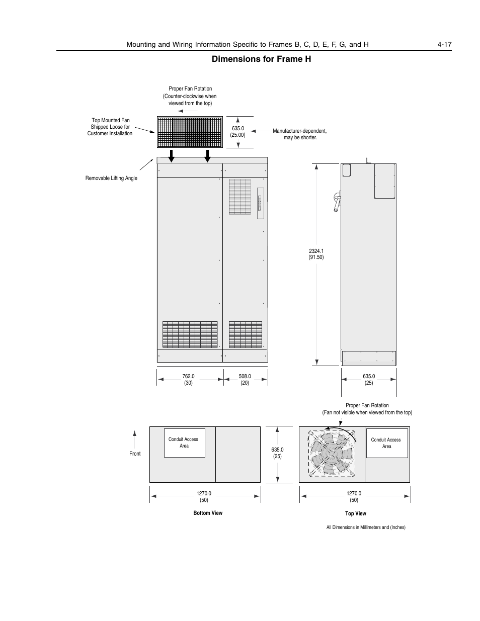 Dimensions for frame h | Rockwell Automation 1336E IMPACT Adjustable Frequency AC Drive User Manual V 1-4.XX User Manual | Page 75 / 419