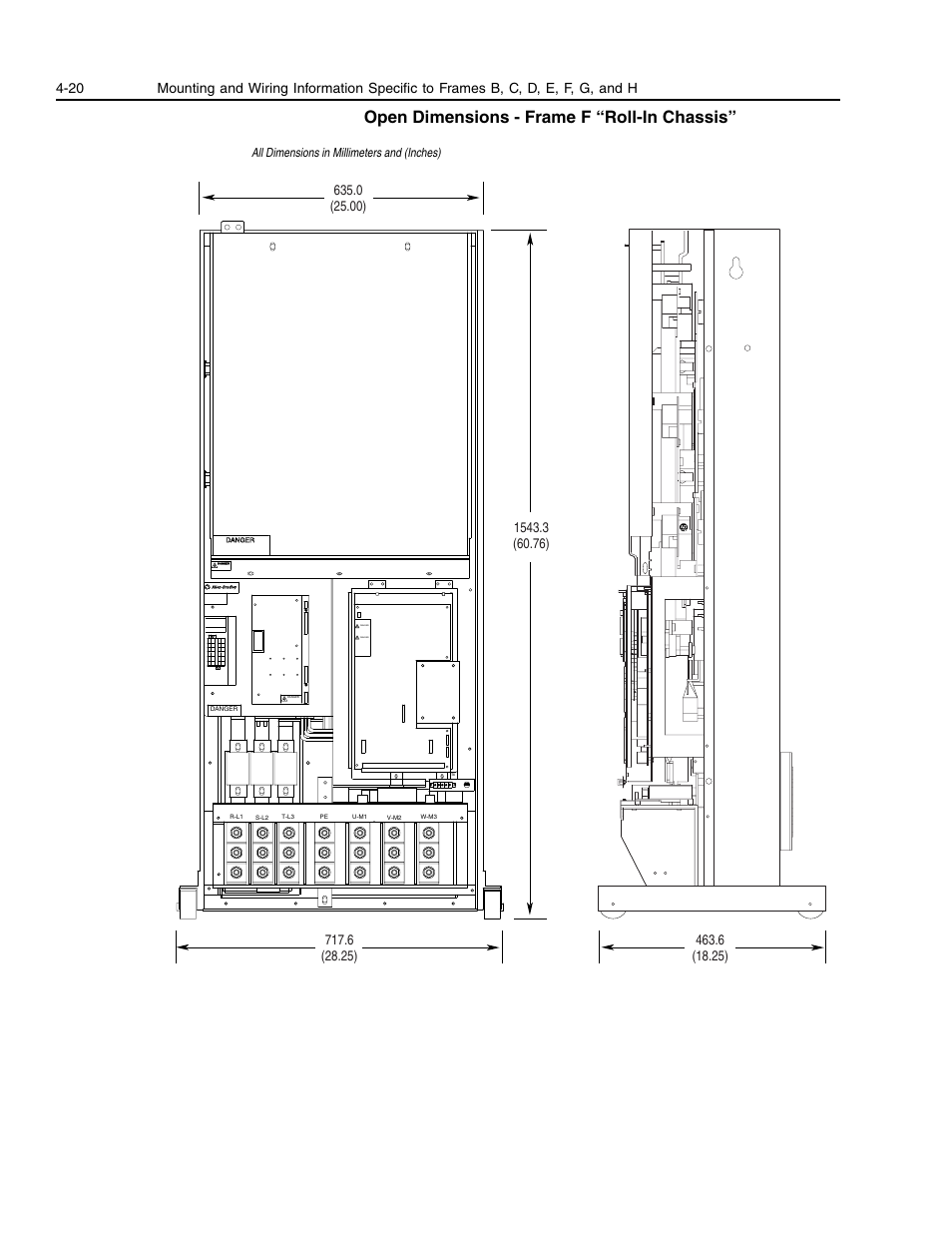 Open dimensions - frame f “roll-in chassis | Rockwell Automation 1336E IMPACT Adjustable Frequency AC Drive User Manual V 1-4.XX User Manual | Page 78 / 419