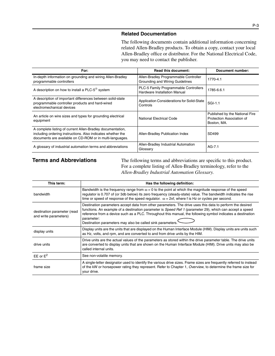 Terms and abbreviations, Terms and abbreviations -3 | Rockwell Automation 1336E IMPACT Adjustable Frequency AC Drive User Manual V 1-4.XX User Manual | Page 9 / 419