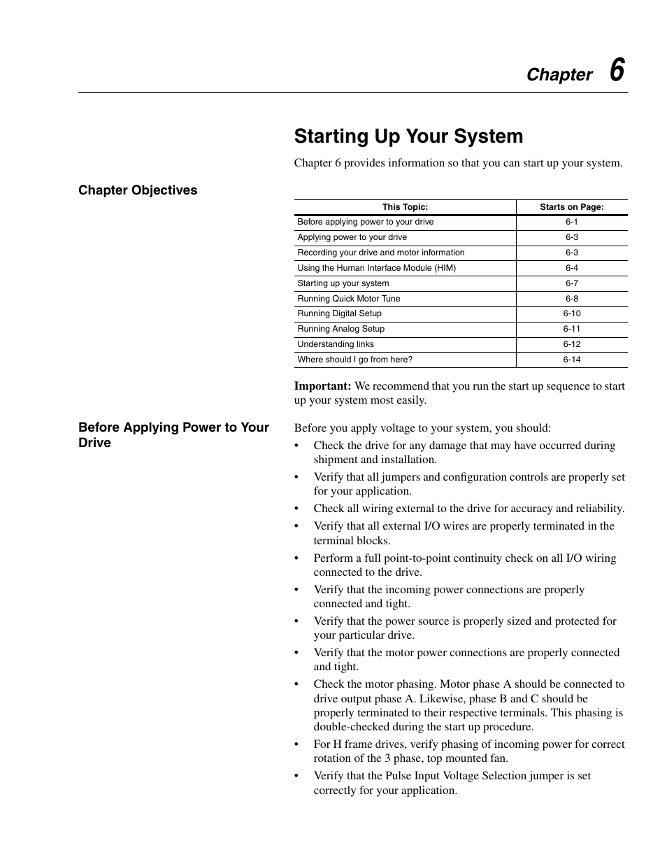 Chapter 6, Starting up your system, Chapter objectives | Before applying power to your drive, Chapter 6, starting up your system, Chapter | Rockwell Automation 1336E IMPACT Adjustable Frequency AC Drive User Manual V 1-4.XX User Manual | Page 99 / 419