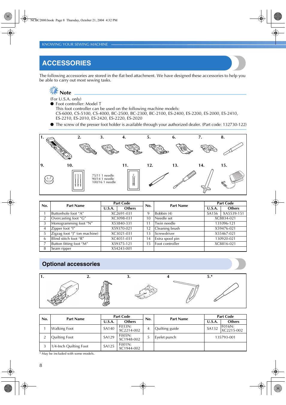 Accessories, Optional accessories | Brother ES 2000 User Manual | Page 10 / 67