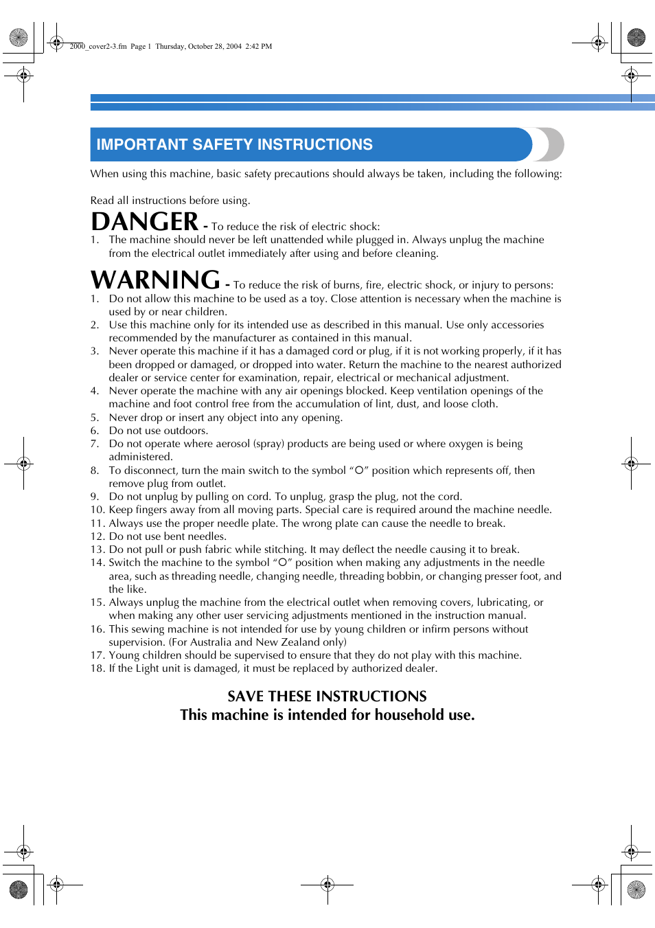 Danger, Warning, Important safety instructions | Brother ES 2000 User Manual | Page 2 / 67