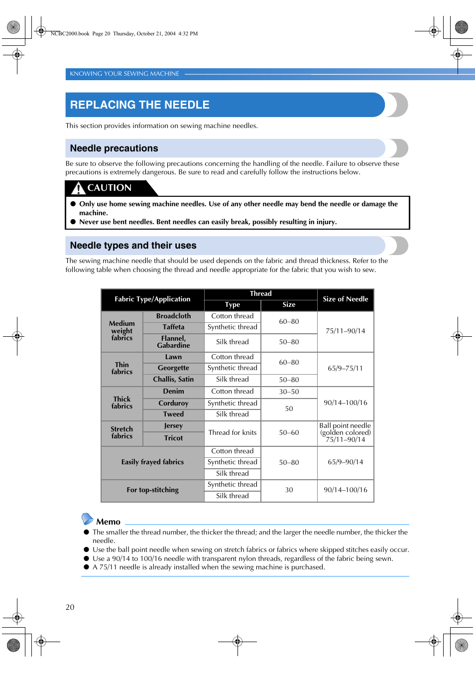 Replacing the needle, Needle precautions, Needle types and their uses | Caution | Brother ES 2000 User Manual | Page 22 / 67