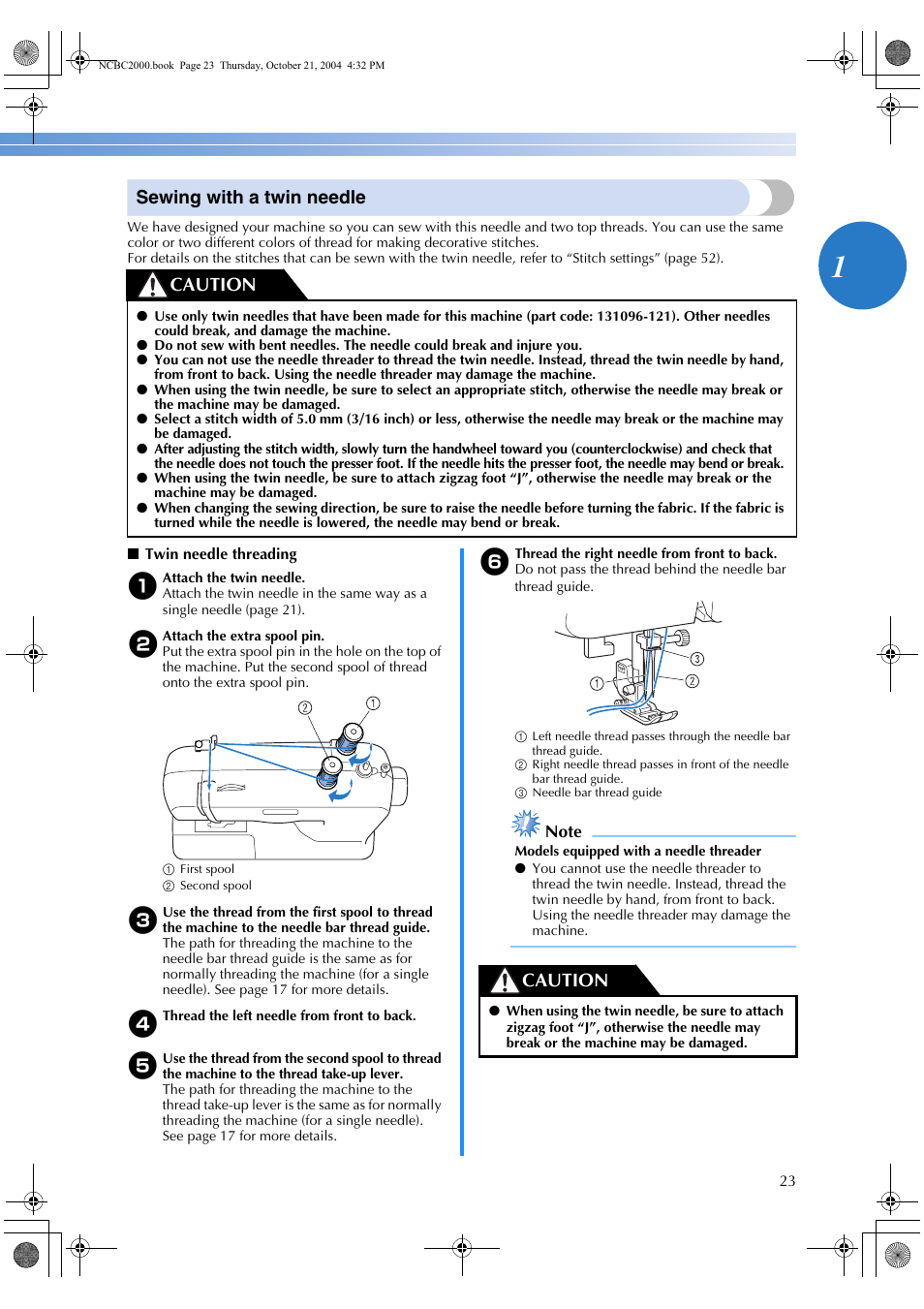 Sewing with a twin needle, Caution | Brother ES 2000 User Manual | Page 25 / 67