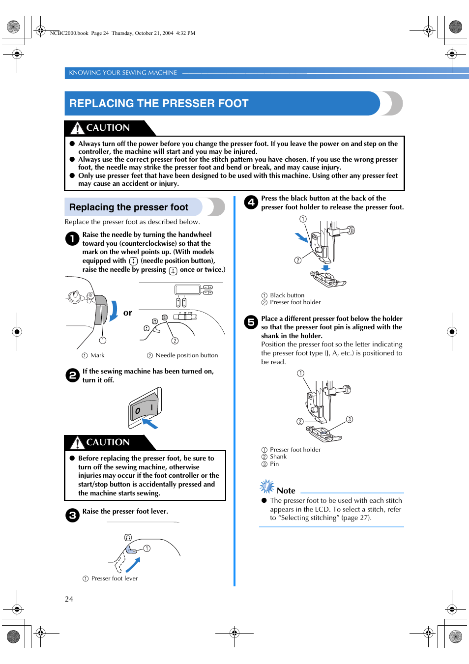 Replacing the presser foot, Caution, Or caution | Brother ES 2000 User Manual | Page 26 / 67