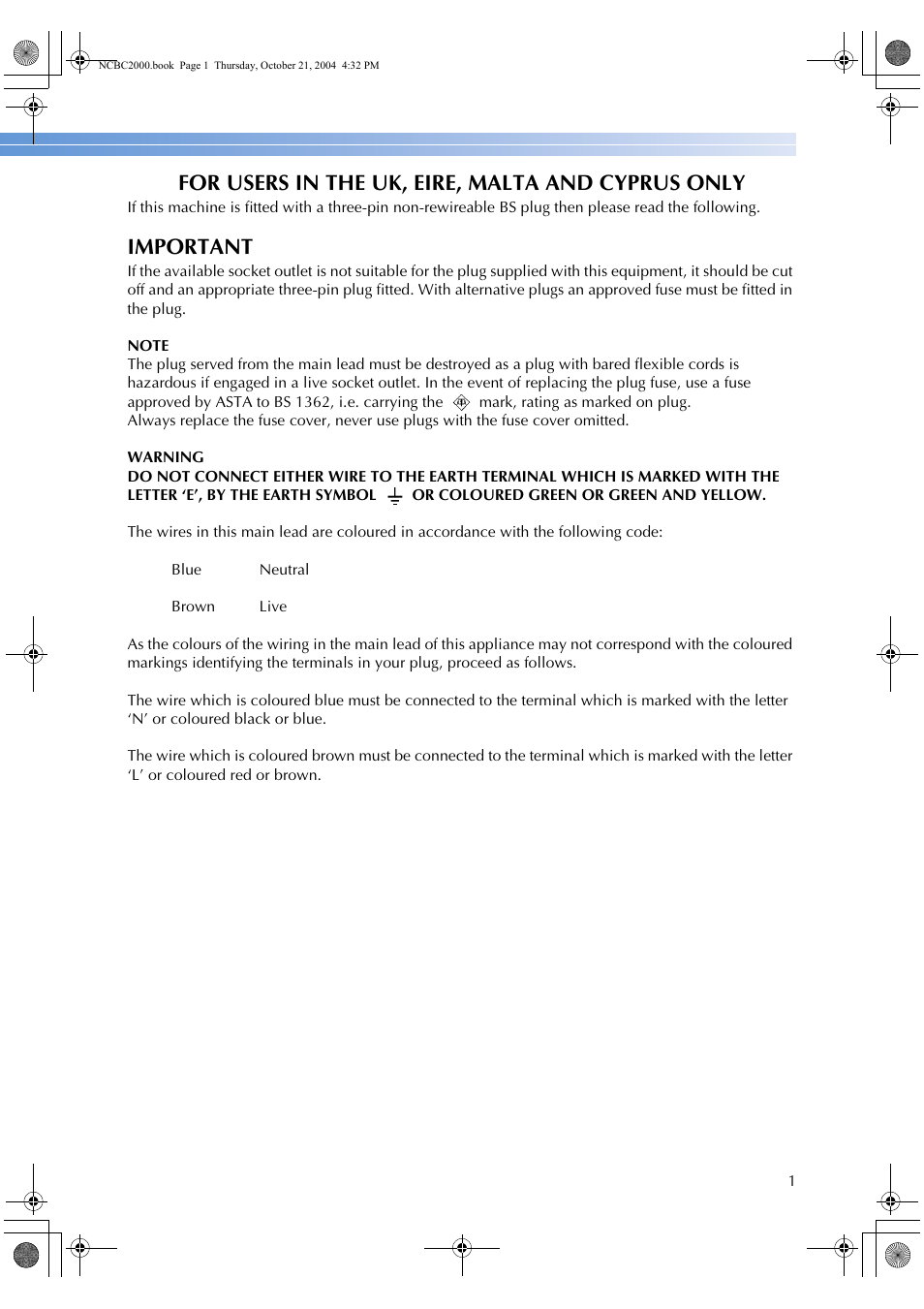 For users in the uk, eire, malta and cyprus only, Important | Brother ES 2000 User Manual | Page 3 / 67