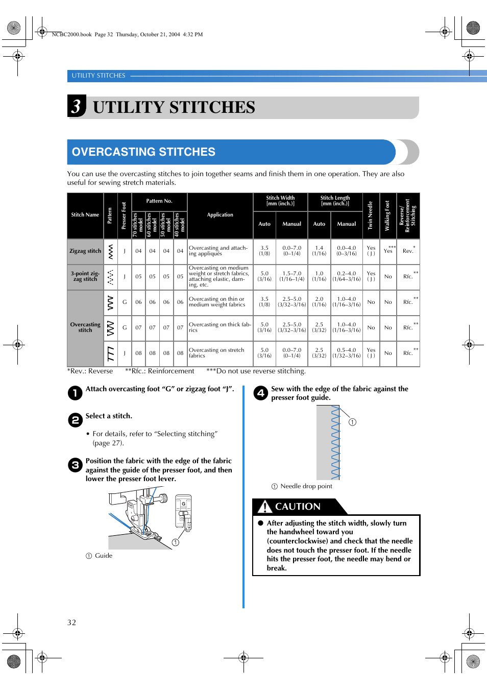 Utility stitches, Overcasting stitches, Caution | Brother ES 2000 User Manual | Page 34 / 67