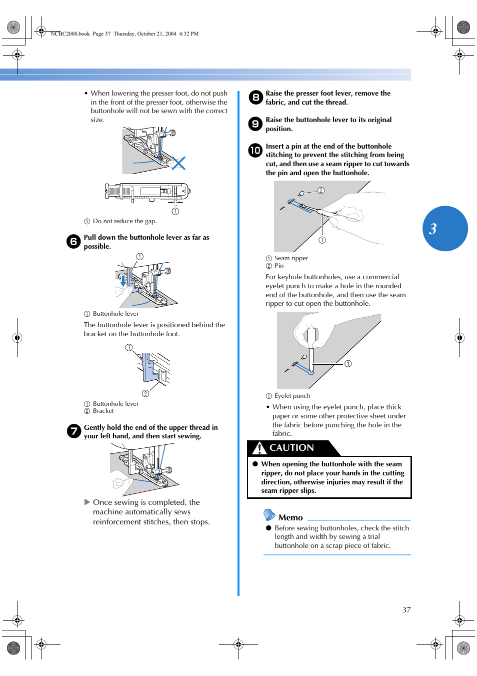 Caution | Brother ES 2000 User Manual | Page 39 / 67