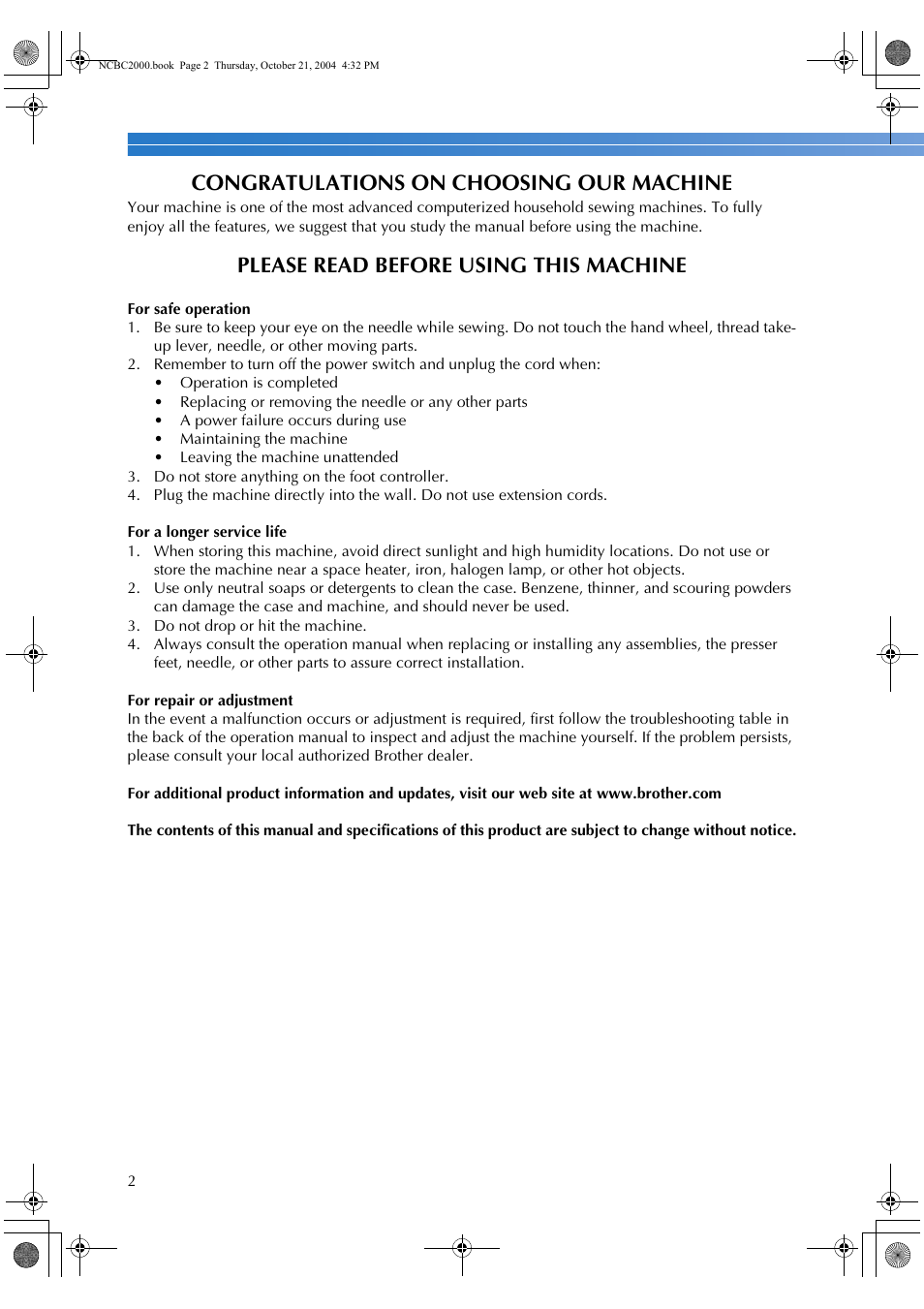 Please read before using this machine | Brother ES 2000 User Manual | Page 4 / 67