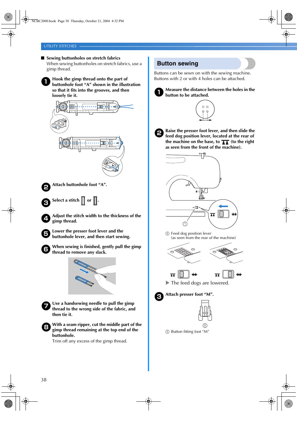 Button sewing | Brother ES 2000 User Manual | Page 40 / 67