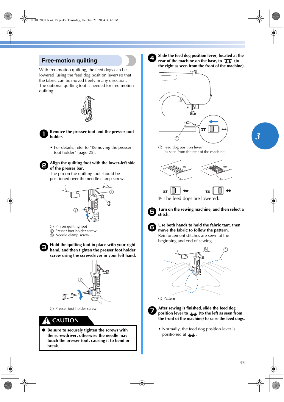 Free-motion quilting, Caution | Brother ES 2000 User Manual | Page 47 / 67
