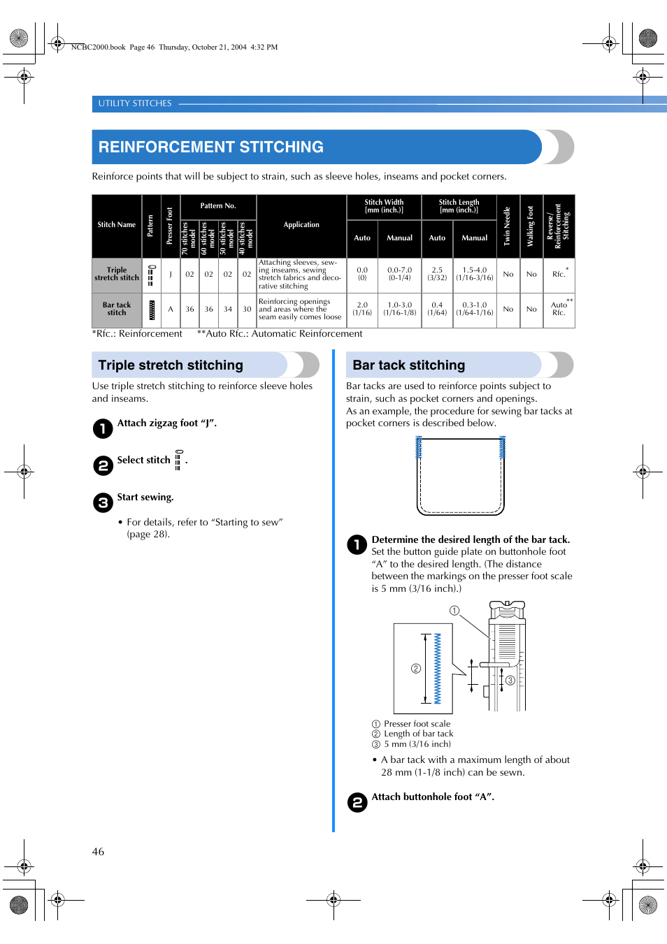 Reinforcement stitching, Triple stretch stitching, Bar tack stitching | Brother ES 2000 User Manual | Page 48 / 67