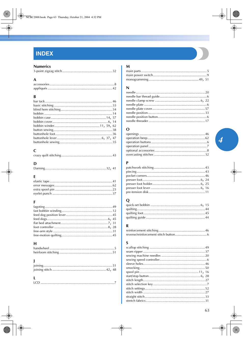 Index | Brother ES 2000 User Manual | Page 65 / 67